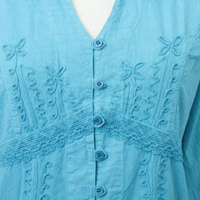 Blusa de algodón - Blusa botones algodón turquesa
