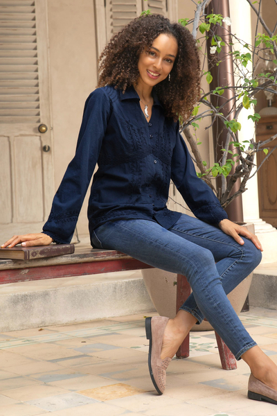 Cotton blouse, 'Lily of Incas in Navy' - Lily of the Incas Button-front Navy Blue Blouse
