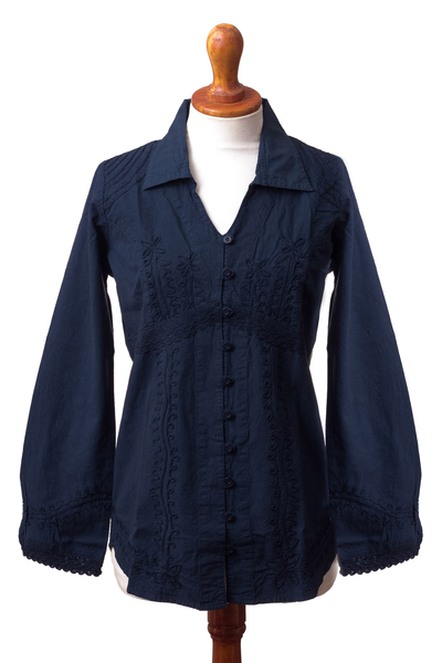 Baumwollbluse - Marineblaue Bluse mit Knopfleiste vorne, Lilie der Inkas