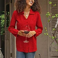 Cotton blouse, 'Lily of Incas in Red' - Lily of the Incas Button-Front Red Cotton Blouse