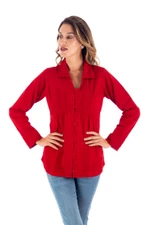 Cotton blouse, 'Lily of Incas in Red' - Lily of the Incas Button-Front Red Cotton Blouse