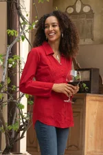 Cotton blouse, 'Lily of Incas in Red' - Lily of the Incas Button-Front Red Cotton Blouse