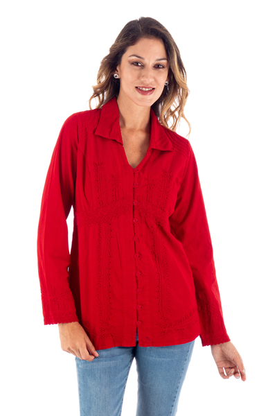 Lily of the Incas Button-Front Red Cotton Blouse - Lily of the Incas in ...