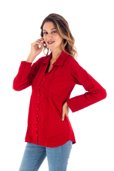 Cotton blouse, 'Lily of Incas in Red' - Lily of the Incas Button-Front Red Cotton Blouse