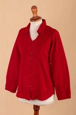 Cotton blouse, 'Lily of Incas in Red' - Lily of the Incas Button-Front Red Cotton Blouse