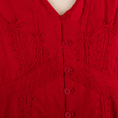Cotton blouse, 'Lily of Incas in Red' - Lily of the Incas Button-Front Red Cotton Blouse