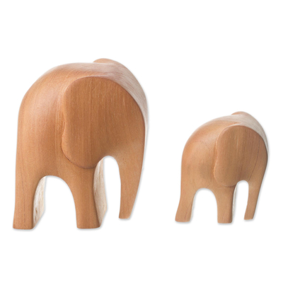 Wood figurines, 'Brown Elephant Motherhood' (pair) - Cedar Wood Elephant Mother and Child Figurines (Pair)