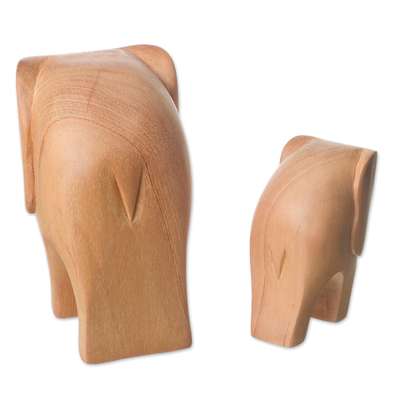 Wood figurines, 'Brown Elephant Motherhood' (pair) - Cedar Wood Elephant Mother and Child Figurines (Pair)
