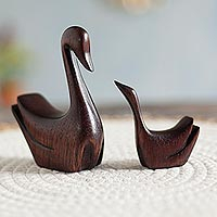 Wood figurines, 'Swan Mother' (pair) - Cedar Wood Swan Mother and Child Figurines from Peru (Pair)