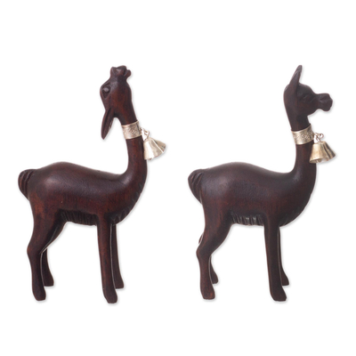 Sterling silver accented wood and figurines, 'Andean Vicuñas' (pair) - Cedar Wood and Sterling Silver Vicuña Figurines (Pair)