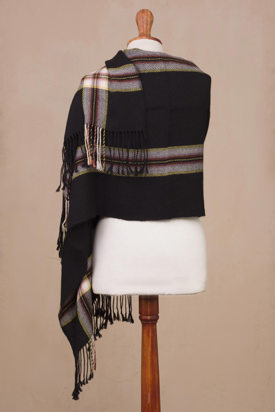 100% alpaca shawl, 'Elegant Midnight' - Woven 100% Alpaca Shawl in Black from Peru