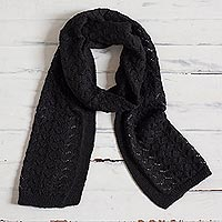 100% alpaca scarf, 'Pretty in Black' - Knit 100% Alpaca Scarf in Black from Peru