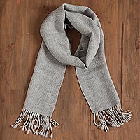 100% alpaca scarf, 'Fascinating Pattern' - Patterned 100% Alpaca Wrap Scarf in Grey from Peru