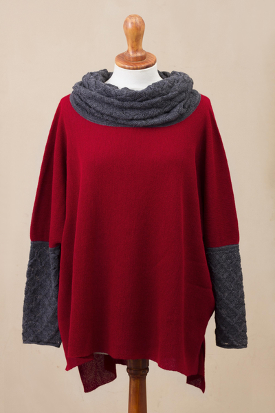 Jersey en mezcla de alpaca - Suéter de punto de mezcla de alpaca rojo carmesí y gris de manga larga