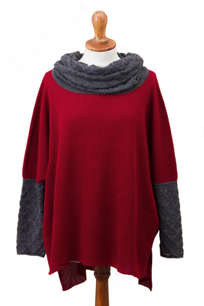 Crimson Red and Grey Alpaca Blend Knit Long Sleeve Sweater