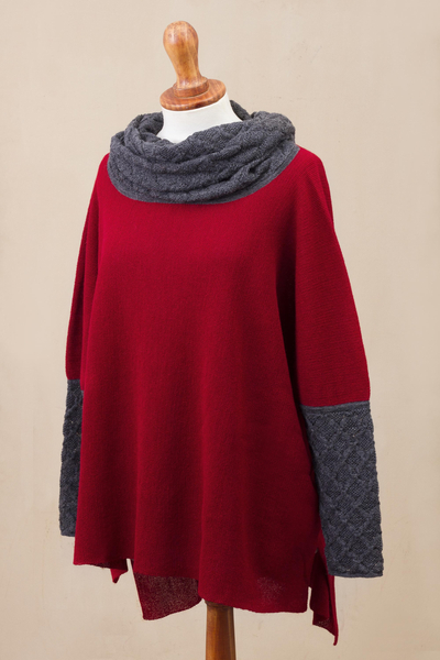 Alpaca blend sweater, 'Toasty' - Crimson Red and Grey Alpaca Blend Knit Long Sleeve Sweater