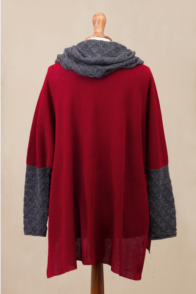 Jersey en mezcla de alpaca - Suéter de punto de mezcla de alpaca rojo carmesí y gris de manga larga