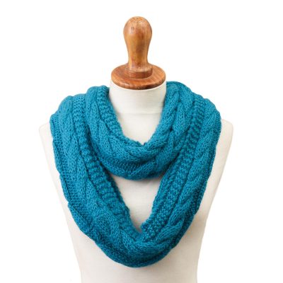 Alpaca blend scarf, 'Infinitely Brilliant' - Peacock Blue Alpaca Blend Cable Knit Infinity Scarf