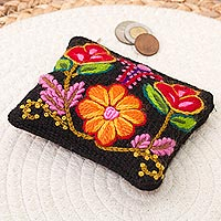 Floral Embroidered Wool Coin Purse in Black from Peru,'Exceptional Garden'