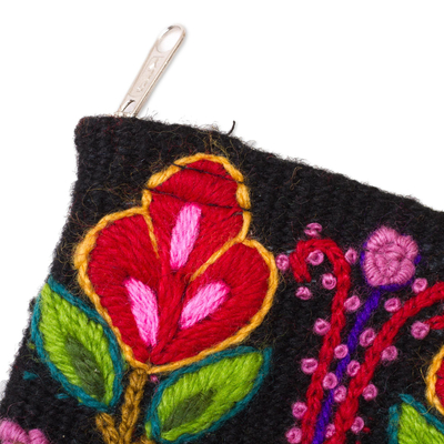 Wool coin purse, 'Exceptional Garden' - Floral Embroidered Wool Coin Purse in Black from Peru