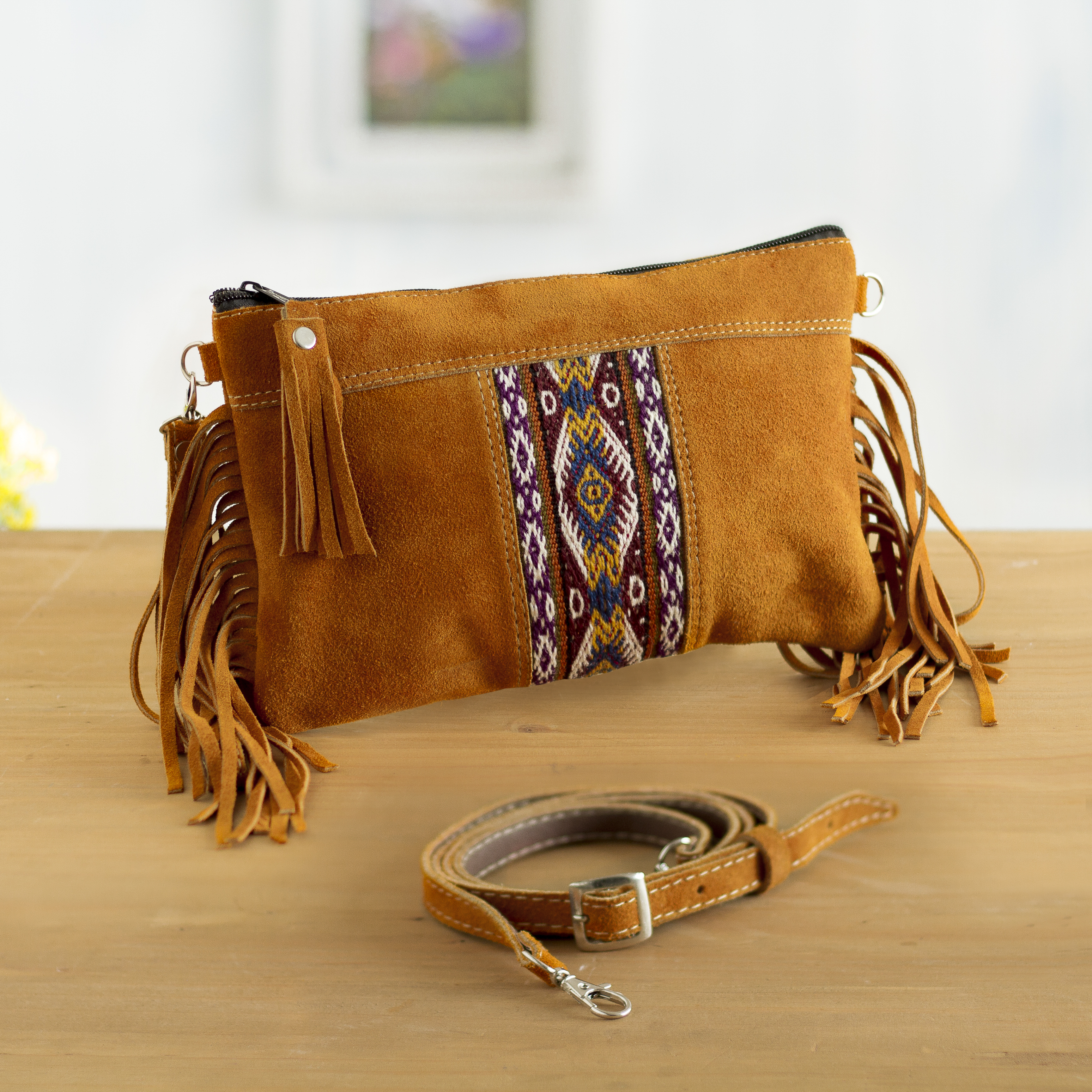 Brown Suede Leather & Brown Brindle Cowhide Crossbody Fringe Bag with  Concho - Buffalo Boutique