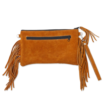 Bolso de hombro de ante con detalles de lana - Bolso de mano de gamuza con detalle de lana con flecos en marrón dorado