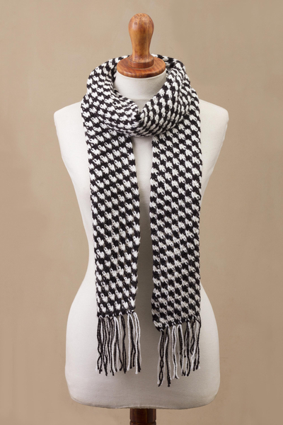 Alpaca blend scarf, 'Hint of Houndstooth' - Black and White Alpaca Blend Hand Crocheted Scarf from Peru
