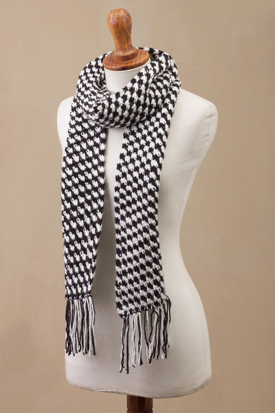 Alpaca blend scarf, 'Hint of Houndstooth' - Black and White Alpaca Blend Hand Crocheted Scarf from Peru