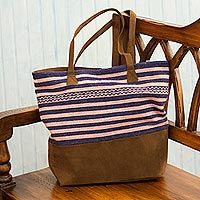 Suede accented alpaca blend shoulder bag, 'Fresh Stripes' - Indigo and Pastel Pink Striped Alpaca Blend Shoulder Bag