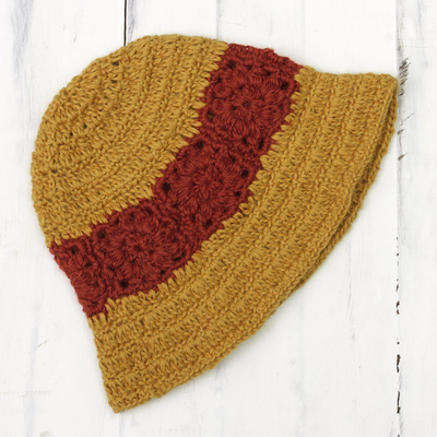 100% alpaca crocheted hat, 'Harvest Field' - 100% Alpaca Yellow and Red Hand Crocheted Flared Brim Hat