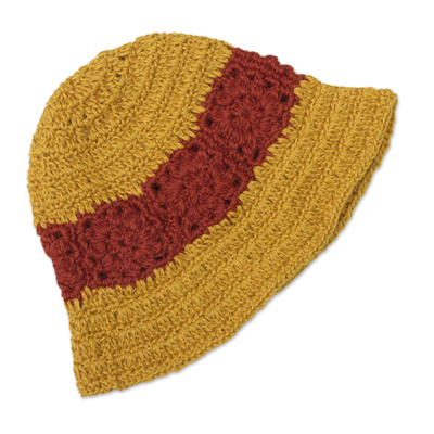 häkelmütze aus 100 % Alpaka - handgehäkelte Mütze mit ausgestellter Krempe aus 100 % Alpaka in Gelb und Rot