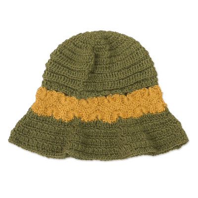 100% Alpaca Olive and Yellow Hand Crocheted Flared Brim Hat
