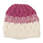 100% alpaca crocheted hat, 'Berries and Cream' - Fuchsia and White 100% Alpaca Hand Crocheted Cable Hat