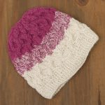 100% alpaca crocheted hat, 'Berries and Cream' - Fuchsia and White 100% Alpaca Hand Crocheted Cable Hat