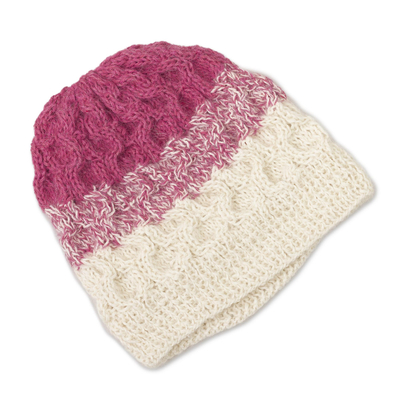 100% alpaca crocheted hat, 'Berries and Cream' - Fuchsia and White 100% Alpaca Hand Crocheted Cable Hat
