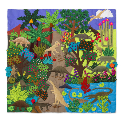 Cotton blend patchwork wall hanging, 'Pre-Historic Land' - Dinosaur-Themed Cotton Blend Patchwork Wall Hanging