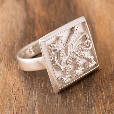 Sterling silver signet ring, Stylized Dragon