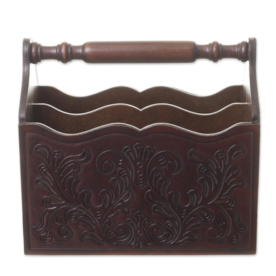 Wood and leather magazine rack, 'Colonial Vines' - Colonial Pattern Wood and Leather Magazine Rack from Peru