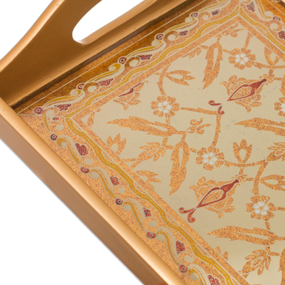 Reverse-painted glass tray, 'Golden Colonial' - Gold-Tone Reverse-Painted Glass Tray from Peru