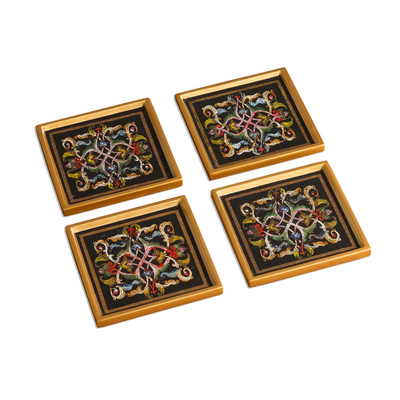 Floral Reverse-Painted Glass Coasters (Set of 4)