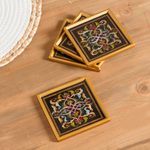 Reverse-painted glass coasters, 'Colonial Intricacy' (set of 4) - Floral Reverse-Painted Glass Coasters (Set of 4)