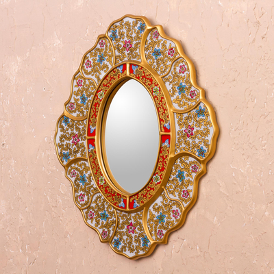 Reverse-painted glass wall mirror, 'Floral White' - White and Gold Floral Reverse-Painted Glass Wall Mirror
