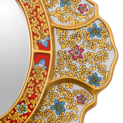 Reverse-painted glass wall mirror, 'Floral White' - White and Gold Floral Reverse-Painted Glass Wall Mirror