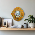 Reverse-painted glass wall mirror, 'Floral Gold' - Gold-Tone Floral Reverse-Painted Glass Wall Mirror