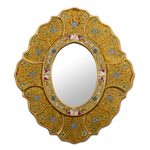 Reverse-painted glass wall mirror, 'Floral Gold' - Gold-Tone Floral Reverse-Painted Glass Wall Mirror