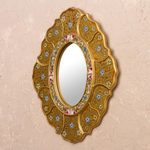 Reverse-painted glass wall mirror, 'Floral Gold' - Gold-Tone Floral Reverse-Painted Glass Wall Mirror