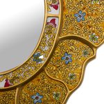 Reverse-painted glass wall mirror, 'Floral Gold' - Gold-Tone Floral Reverse-Painted Glass Wall Mirror