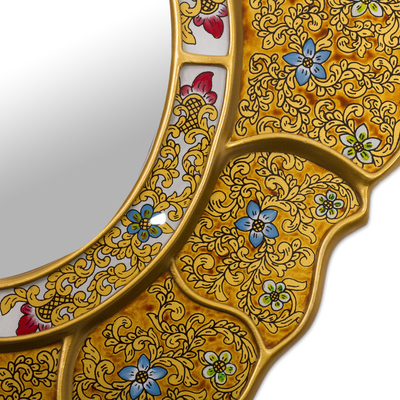 Espejo de pared de cristal pintado al revés - Espejo de pared de vidrio pintado al revés floral dorado