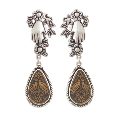 Bird-Themed Silver and Gourd Shell Dangle Earrings from Peru