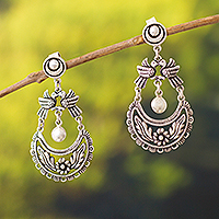 Silver dangle earrings, 'Songbird Crescents' - Floral and Bird-Themed Silver Dangle Earrings from Peru